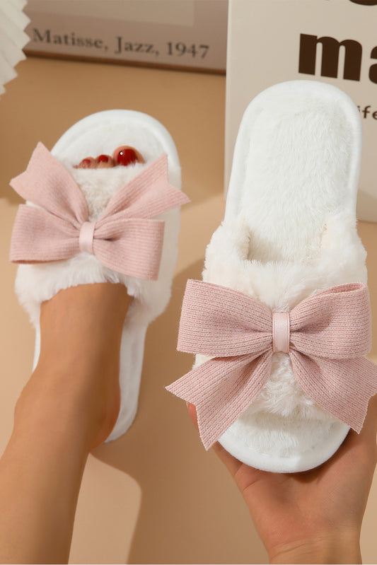 White Bow Knot Open Toe Plush Slippers