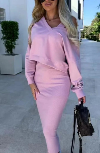 V Neck Long Sleeve Pullover Two Piece Set Dress