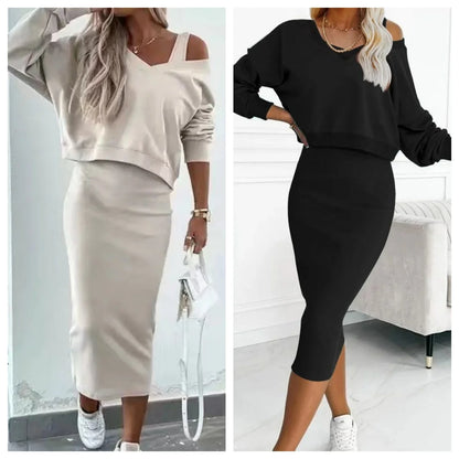 V Neck Long Sleeve Pullover Two Piece Set Dress