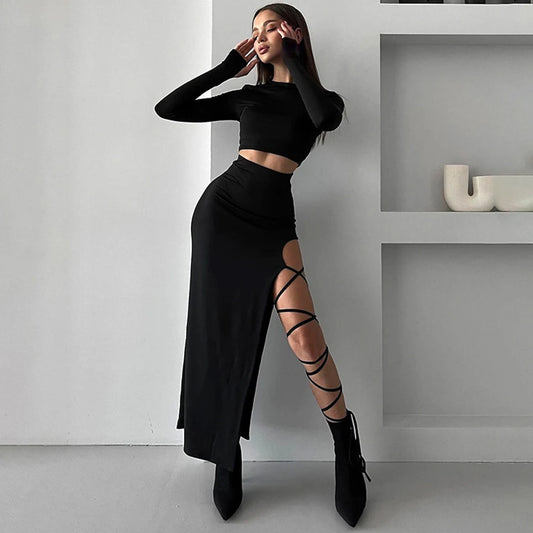 Crew Neck Crop Top, Skirt Set