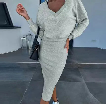 V Neck Long Sleeve Pullover Two Piece Set Dress