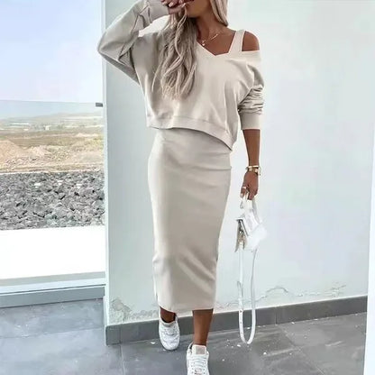 V Neck Long Sleeve Pullover Two Piece Set Dress