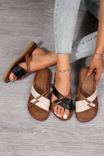 White Criss Cross Leather Flat Slippers